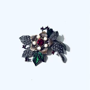 Vintage Avon Holiday Floral Brooch with Red and Green Accents